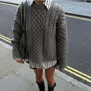 Hill House Kennedy Heather Grey Fisherman Cotton Knit Crewneck Sweater